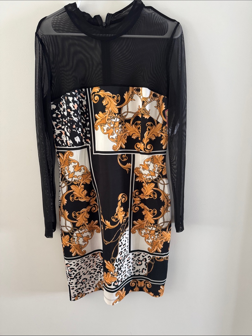 Black Sheer Sleeve Printed Midi Dress with Gold Baroque Accents